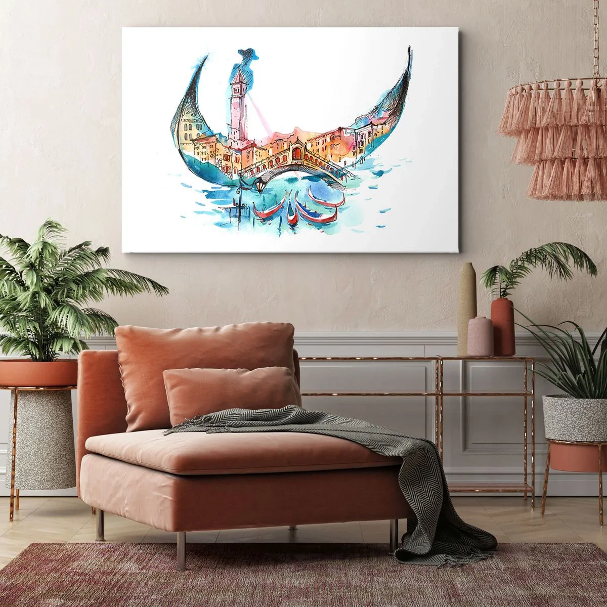 Bild auf Leinwand - Leinwandbild - Eine Aquarellkomposition von Venedig in Form einer Gondel - 70x50cm - Wir segeln durch die Stadt - Moderne Wanddekoration für Wohnzimmer und Schlafzimmer ARTTOR