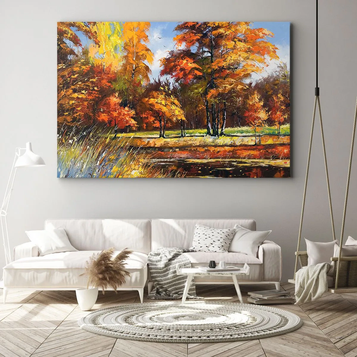Bild auf Leinwand - Leinwandbild - Herbstlandschaft mit bunten Bäumen und einem Teich - 70x50cm - Landschaft in Gold und Bronze - Moderne Wanddekoration für Wohnzimmer und Schlafzimmer ARTTOR