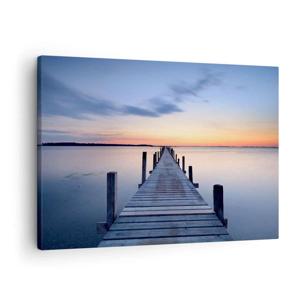 Bild auf Leinwand - Leinwandbild - Holzsteg am See bei Sonnenuntergang - 70x50cm - Die Ruhe einer heiteren Dämmerung - Moderne Wanddekoration für Wohnzimmer und Schlafzimmer ARTTOR