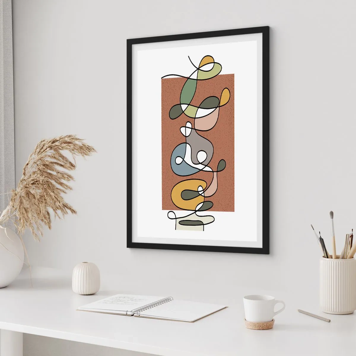 Poster in einem schwarzem Rahmen - Eine abstrakte Komposition aus Linien und bunten Formen. - 50x70cm - Abstraktion, die ein Lächeln wert ist - Moderne Wanddekoration für Wohnzimmer und Schlafzimmer ARTTOR