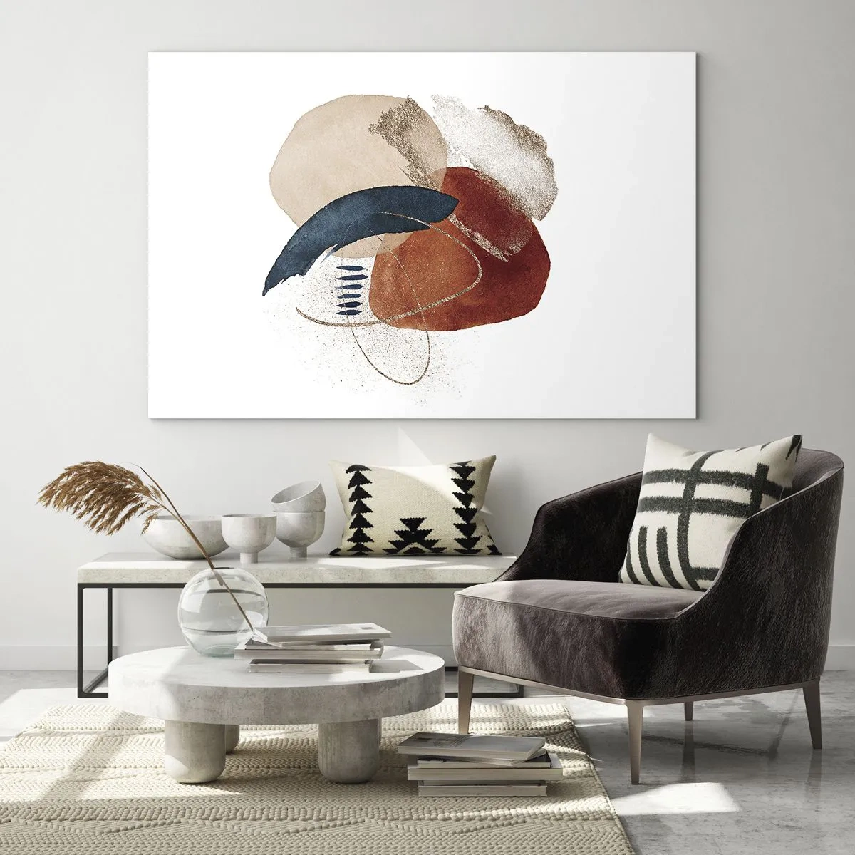 Glasbild - Bild auf glas - Eine abstrakte Komposition in warmen Farbtönen mit Wasserelementen. - 70x50cm - Ovale Komposition - Moderne Wanddekoration für Wohnzimmer und Schlafzimmer ARTTOR