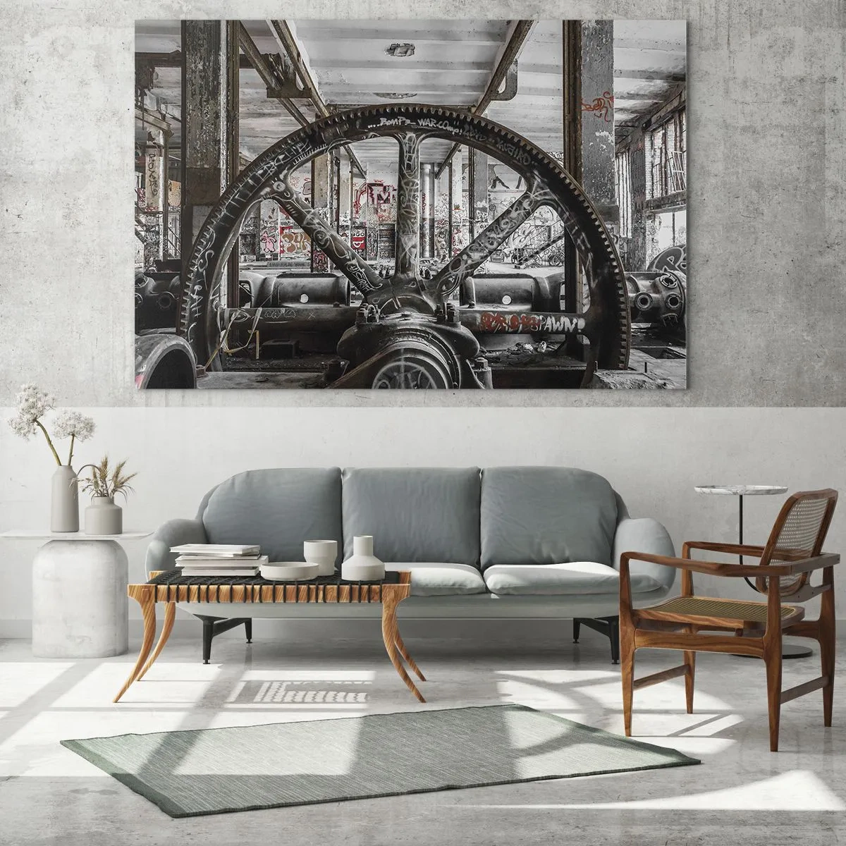 Glasbild - Bild auf glas - Historisches Industrieinterieur mit Zahnrad - 70x50cm - Das geheime Leben der Fabrik - Moderne Wanddekoration für Wohnzimmer und Schlafzimmer ARTTOR