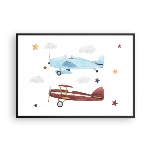 Poster in einem schwarzem Rahmen - Handbemalte Flugzeuge vor einem Hintergrund aus Wolken und Sternen - 100x70cm - Wir warten, Herr Pilot! - Moderne Wanddekoration für Wohnzimmer und Schlafzimmer ARTTOR