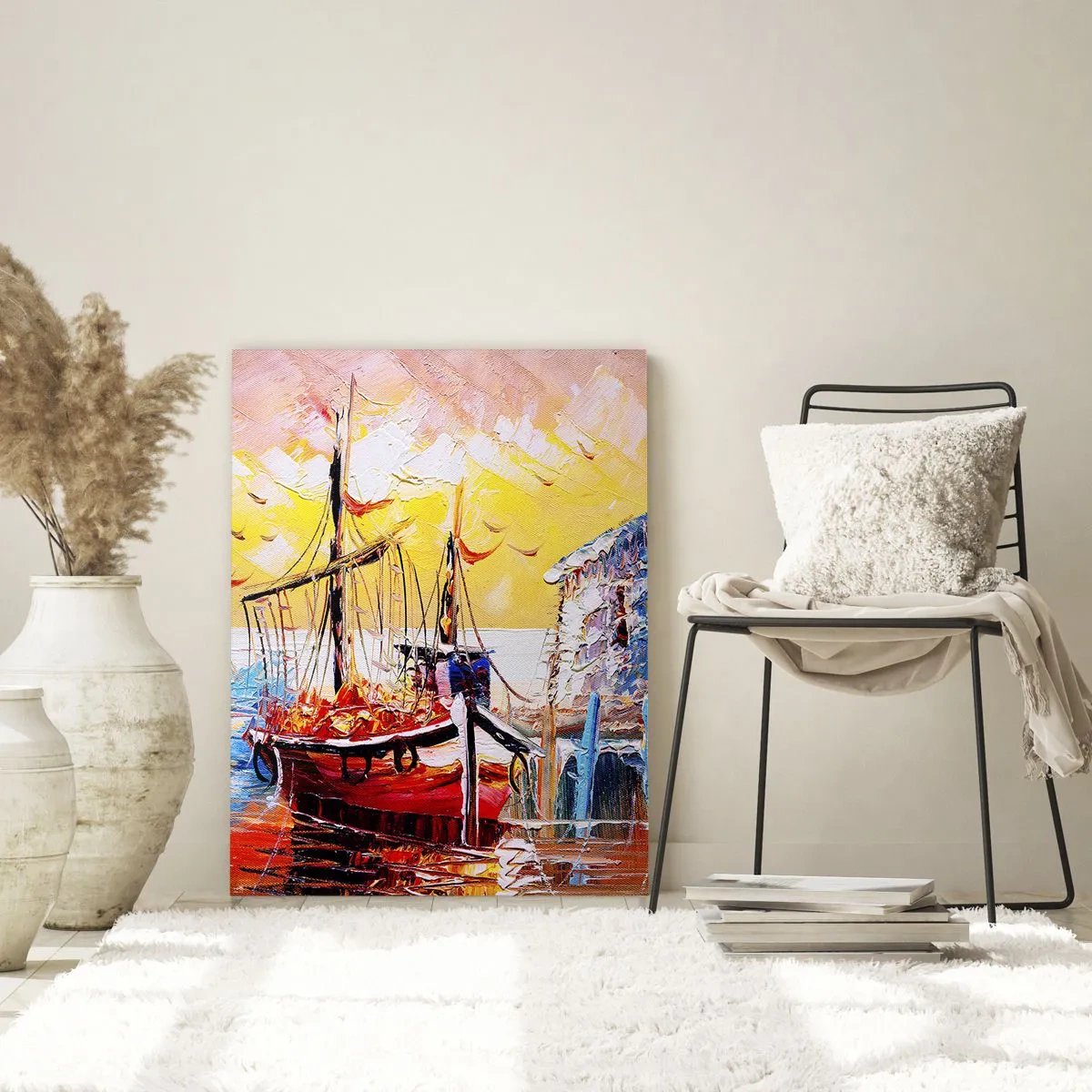 Glasbild - Bild auf glas - Bunte Segelboote bei Sonnenuntergang - 50x70cm - Glückliche Rückkehr - Moderne Wanddekoration für Wohnzimmer und Schlafzimmer ARTTOR