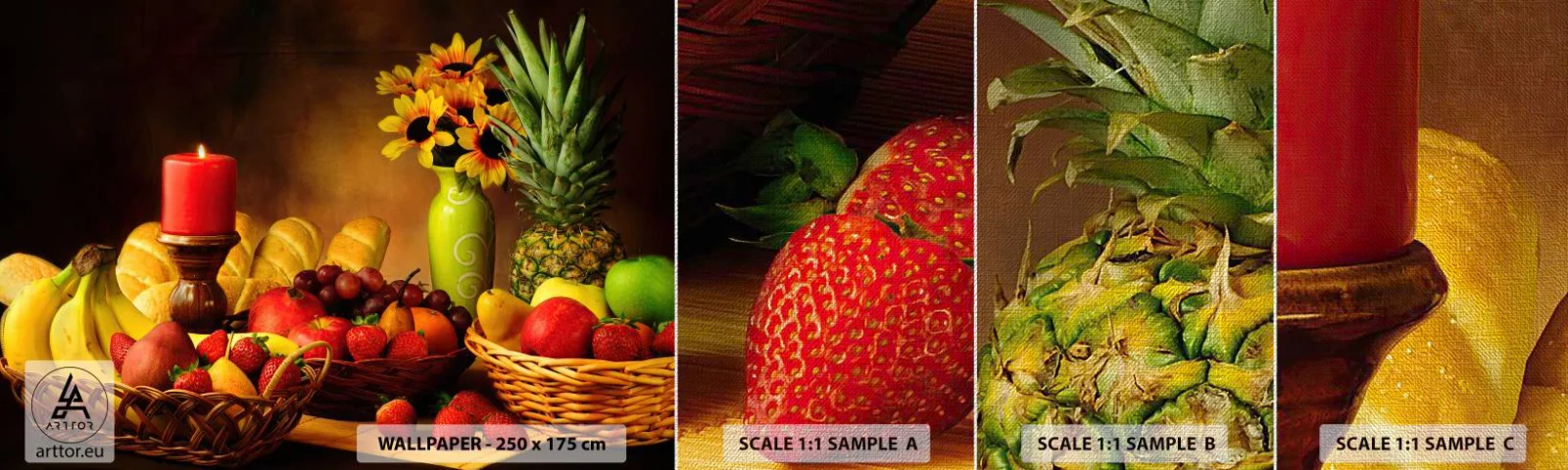 Fototapeten Muster Premium Canvas - Stillleben mit Brot und Obst - Gastronomie, Blumen, Obst - 100x30 cm