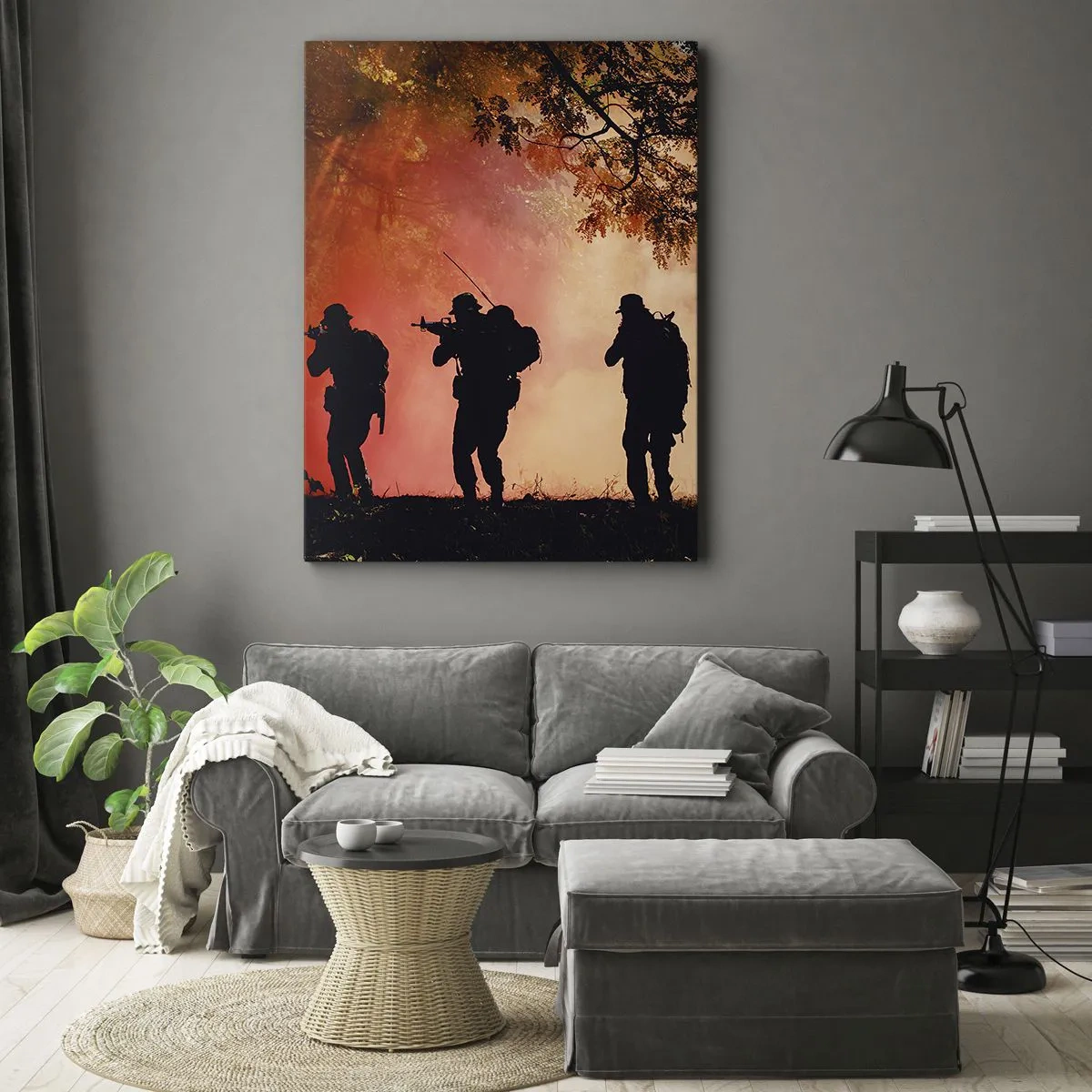Bild auf Leinwand - Leinwandbild - Silhouetten von Soldaten im Wald vor dem orangefarbenen Himmel - 50x70cm - … Alle für einen. - Moderne Wanddekoration für Wohnzimmer und Schlafzimmer ARTTOR
