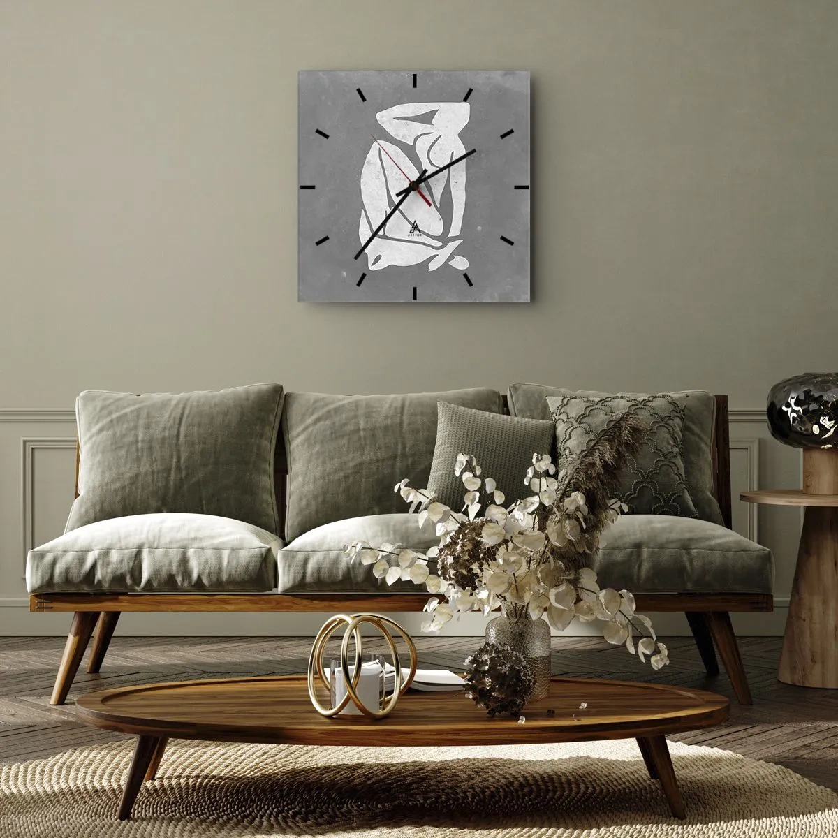 Wanduhr - Glasuhr - Eine minimalistische Silhouettenzeichnung auf grauem Hintergrund - 30x30cm - In Gedanken versunken - Moderne Wanddekoration für Wohnzimmer und Schlafzimmer ARTTOR