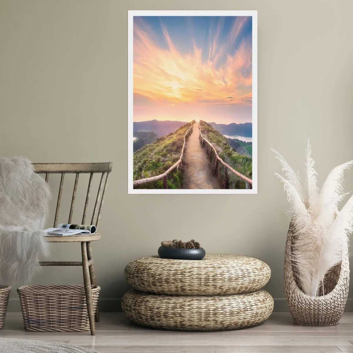 Poster - Hügelpfad mit Blick auf Sonnenuntergang und Berge - 50x70cm - Nah am Himmel - Moderne Wanddekoration für Wohnzimmer und Schlafzimmer ARTTOR