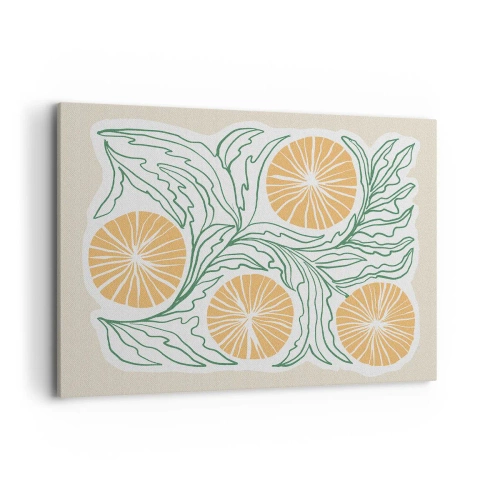 Bild auf Leinwand - Leinwandbild - Ein minimalistisches orangefarbenes Motiv mit grünen Blättern - 100x70cm - Ethnisch mit einem Hauch von Abstraktion - Moderne Wanddekoration für Wohnzimmer und Schlafzimmer ARTTOR