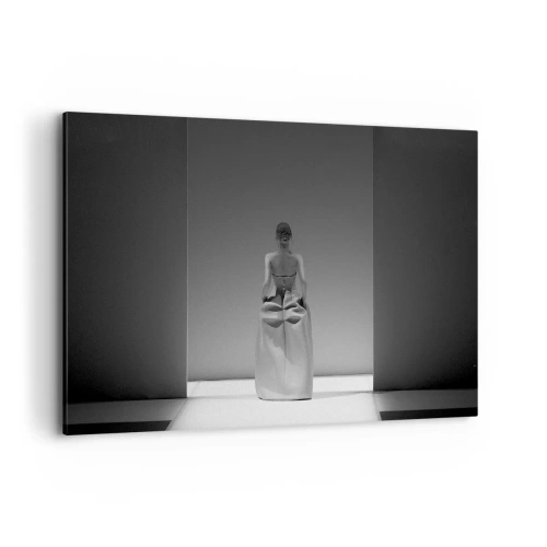 Bild auf Leinwand - Leinwandbild - Ein Schwarzweißgemälde mit einer minimalistischen Szene einer Frau in einem geometrischen Raum. - 100x70cm - Raffinierte Einfachheit - Moderne Wanddekoration für Wohnzimmer und Schlafzimmer ARTTOR