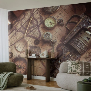 Fototapete Premium Sand - Antike Gegenstände auf einer alten Retro-Karte - 100x70cm - Das Abenteuer ruft - Moderne Wanddekoration für Wohnzimmer und Schlafzimmer ARTTOR