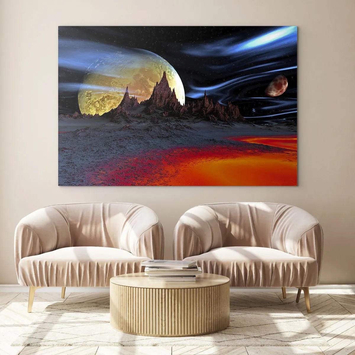 Glasbild - Bild auf glas - Außerirdische Landschaft mit einem Planeten und einem bunten Himmel - 70x50cm - Unbekannte Welt - Moderne Wanddekoration für Wohnzimmer und Schlafzimmer ARTTOR