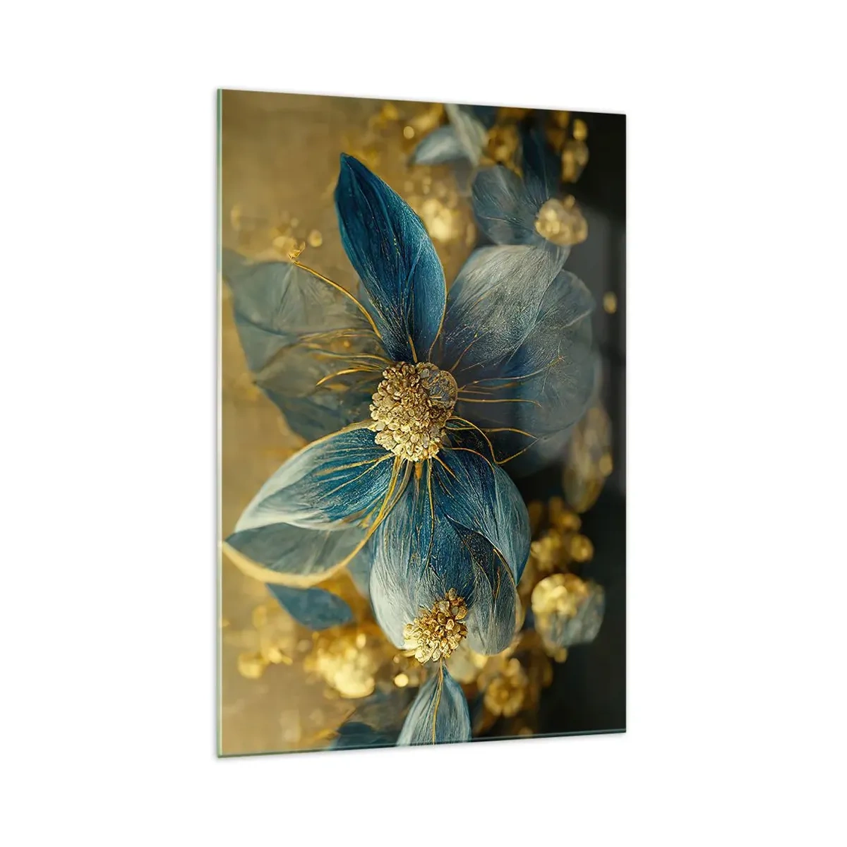Glasbild - Bild auf glas - Elegante Blumen in Blau- und Goldtönen - 70x100cm - Mit Gold blühen - Moderne Wanddekoration für Wohnzimmer und Schlafzimmer ARTTOR
