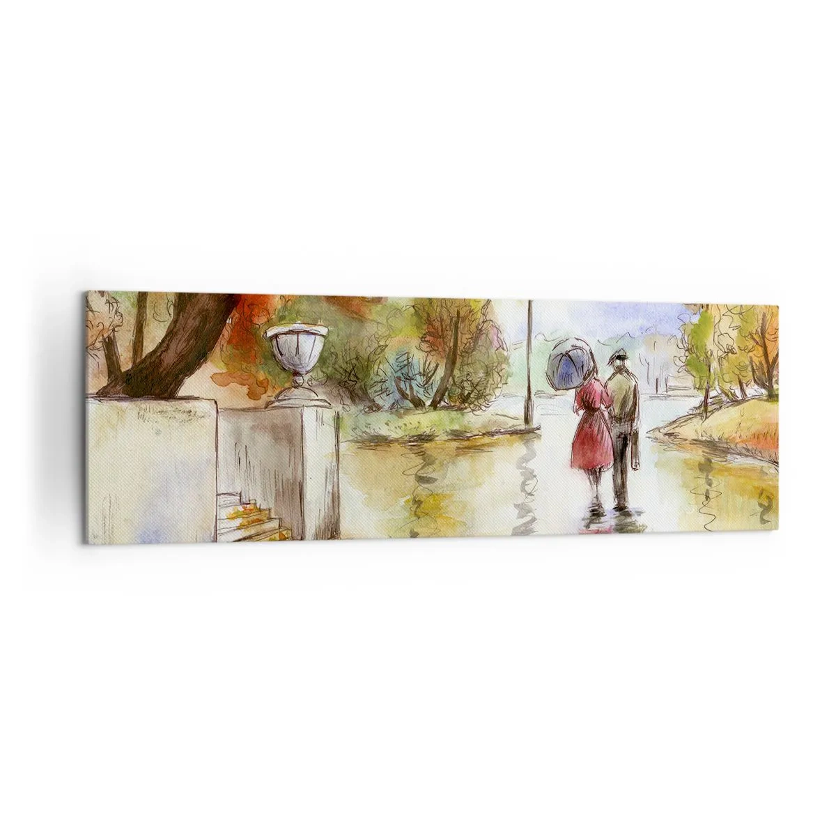 Bild auf Leinwand - Leinwandbild - Ein Spaziergang im Herbstpark mit einem Regenschirm - 160x50cm - Romantischer Herbst im Park - Moderne Wanddekoration für Wohnzimmer und Schlafzimmer ARTTOR