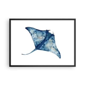 Poster in einem schwarzem Rahmen - Blauer Stachelrochen im Aquarellstil auf weißem Hintergrund - 70x50cm - Leben im Blau - Moderne Wanddekoration für Wohnzimmer und Schlafzimmer ARTTOR