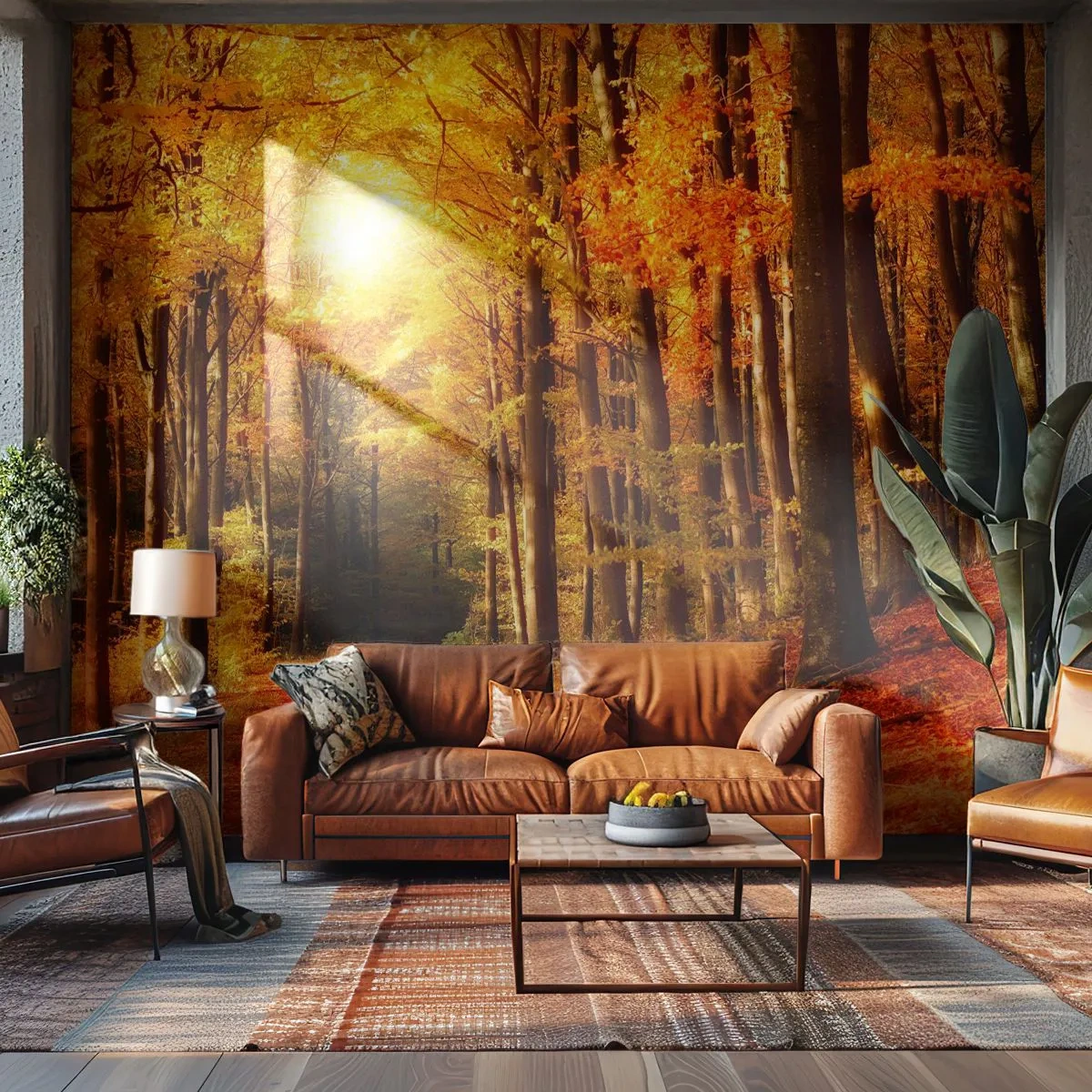 Fototapete Premium Sand - Herbstwald mit goldenen Sonnenstrahlen - 100x70cm - Goldener Herbst auf einer Forststraße - Moderne Wanddekoration für Wohnzimmer und Schlafzimmer ARTTOR