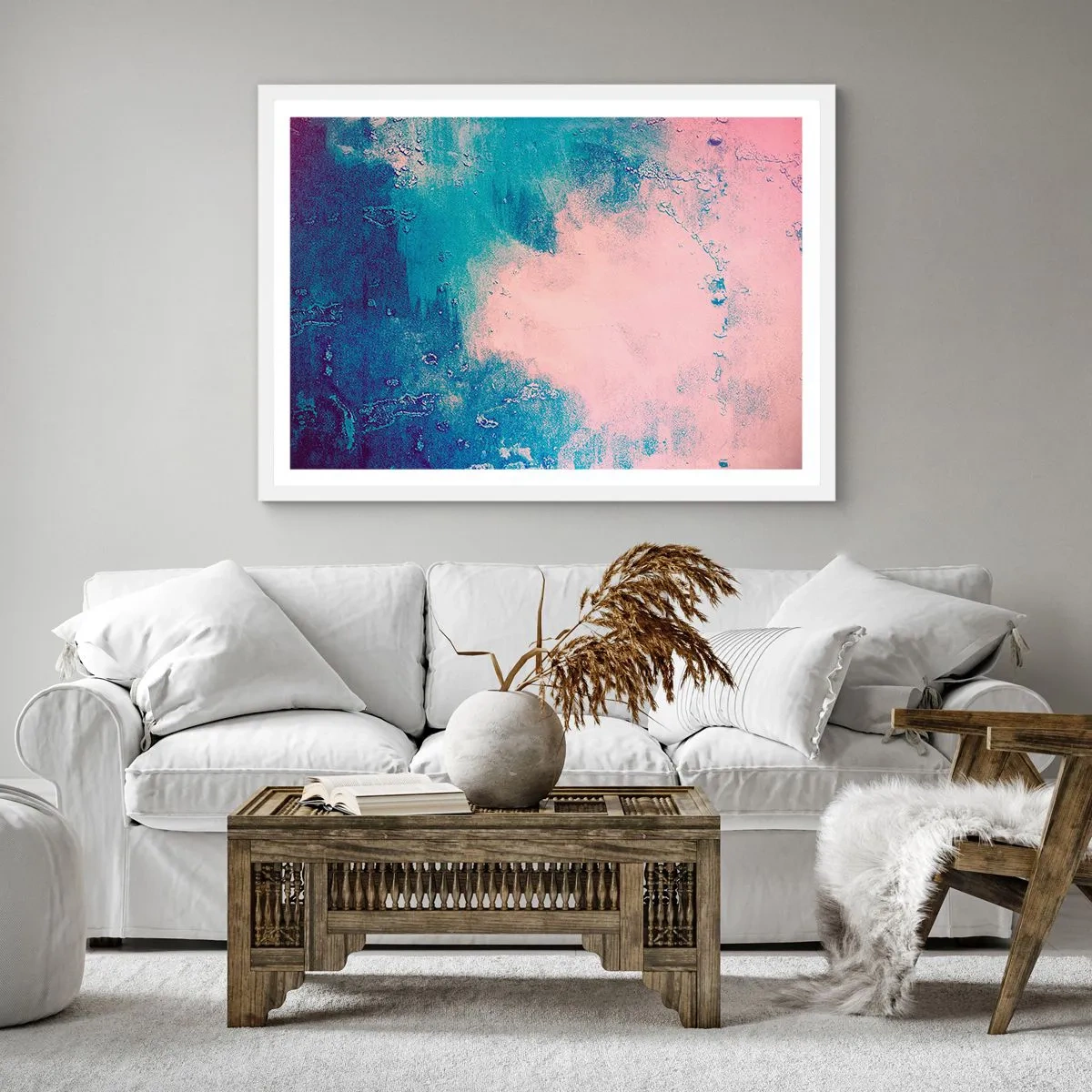 Poster in einem weißen Rahmen - Himmelsblaue Umarmungen - 60x60 cm
