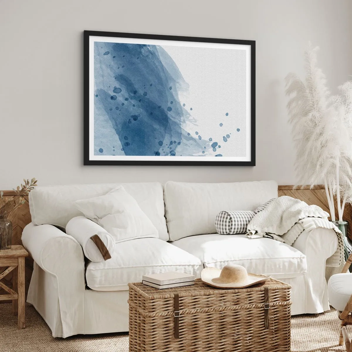 Poster in einem schwarzem Rahmen - Abstrakte Flecken und Streifen in Blautönen - 100x70cm - Blauer Tüll - Moderne Wanddekoration für Wohnzimmer und Schlafzimmer ARTTOR