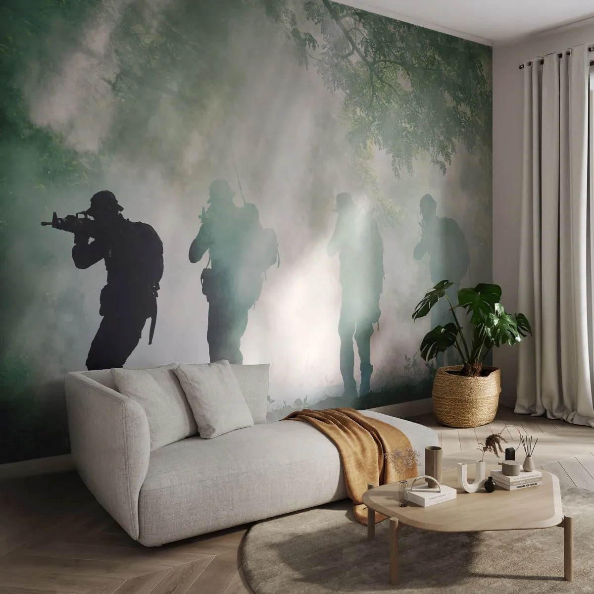 Fototapete Premium Sand - Soldaten marschieren im Wald inmitten von Rauch und Sonnenlicht - 100x70cm - Einer für alle… - Moderne Wanddekoration für Wohnzimmer und Schlafzimmer ARTTOR