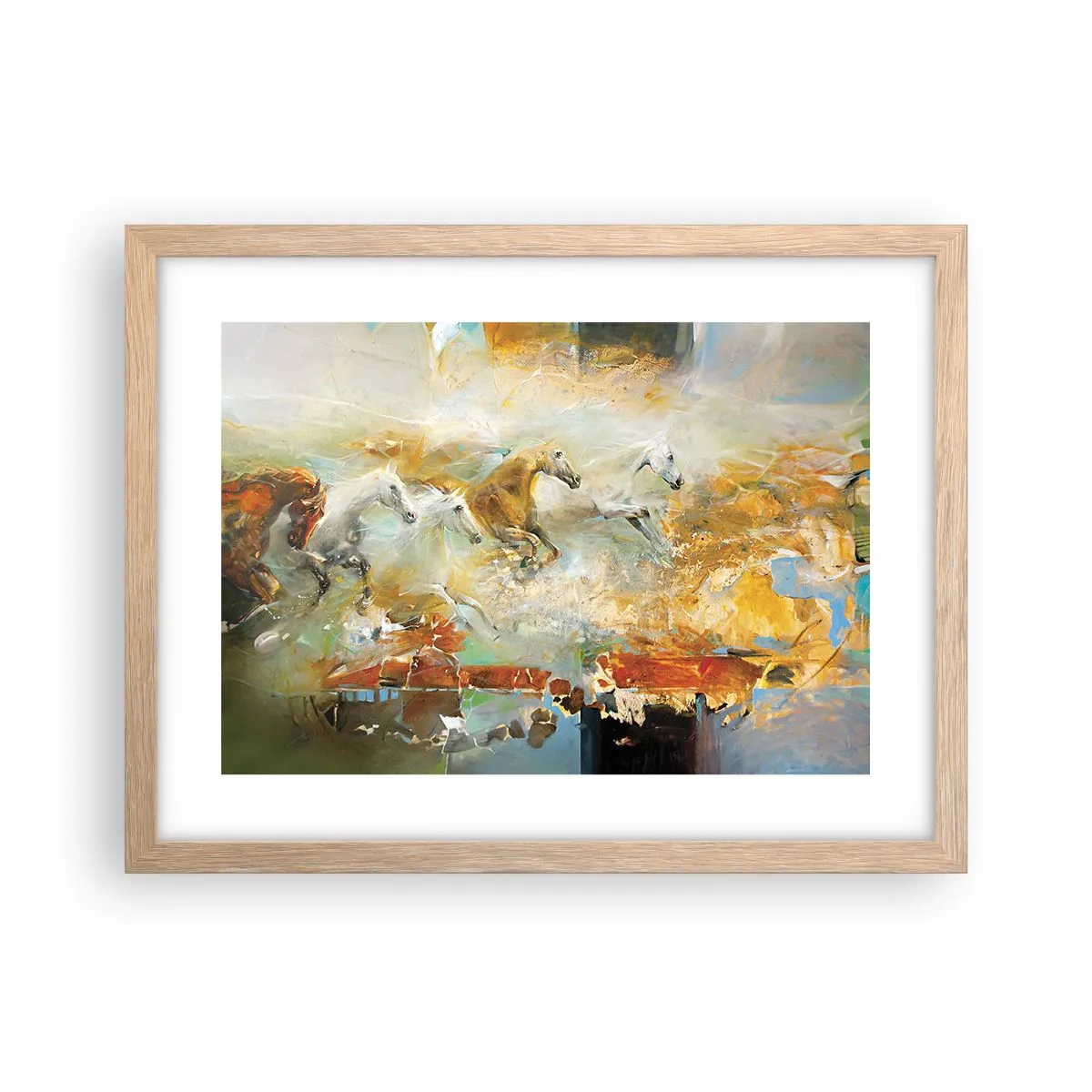 Poster in einem Rahmen aus heller Eiche - Im Galopp durch das Licht - 40x30 cm