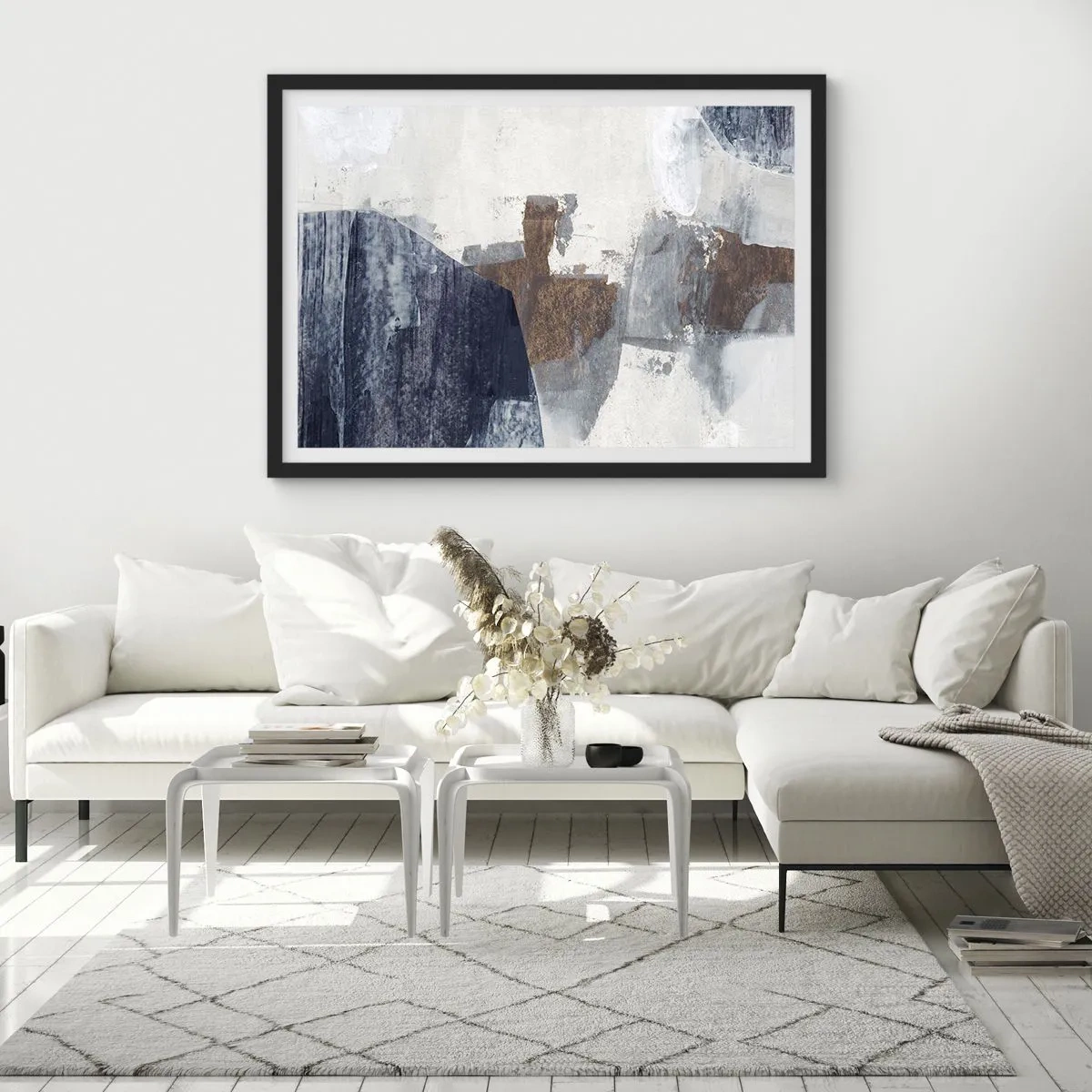 Poster in einem schwarzem Rahmen - Abstrakte Formen in Blau- und Brauntönen - 100x70cm - Blaue und braune Formen - Moderne Wanddekoration für Wohnzimmer und Schlafzimmer ARTTOR