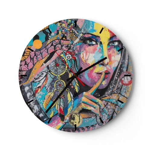 Wanduhr - Glasuhr - Buntes Gesicht mit Federn und geometrischem Muster - 30x30cm - Sei still, bis du verstehst - Moderne Wanddekoration für Wohnzimmer, Küche und Schlafzimmer ARTTOR