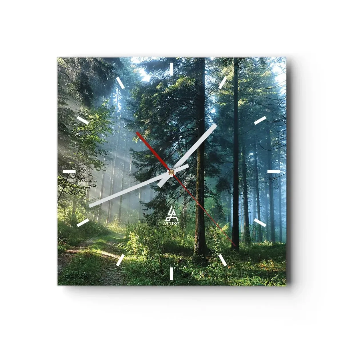 Wanduhr - Glasuhr - Ein Waldweg, beleuchtet von den Strahlen der Morgensonne - 30x30cm - Strahlend am Morgen - Moderne Wanddekoration für Wohnzimmer und Schlafzimmer ARTTOR