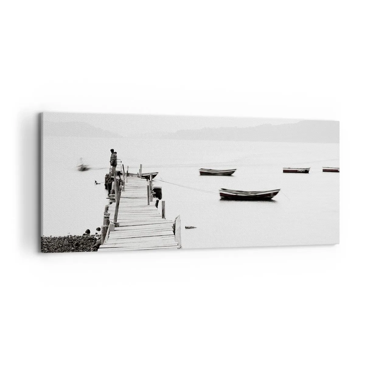 Bild auf Leinwand - Leinwandbild - Holzsteg und Boote auf ruhigem Wasser - 120x50cm - Ruhig und sauber über dem Wasser - Moderne Wanddekoration für Wohnzimmer und Schlafzimmer ARTTOR