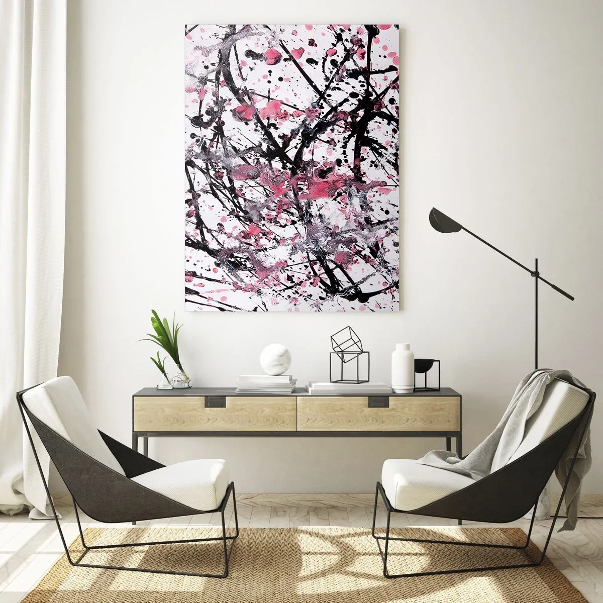 Glasbild - Bild auf glas - Abstraktes Muster in Rosa-, Schwarz- und Weißtönen - 70x100cm - Die Flüchtigkeit des Lebens - Moderne Wanddekoration für Wohnzimmer und Schlafzimmer ARTTOR