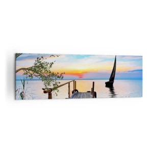 Bild auf Leinwand - Leinwandbild - Seepier mit Boot und Sonnenuntergang - 160x50cm - Guten Abend - Moderne Wanddekoration für Wohnzimmer und Schlafzimmer ARTTOR