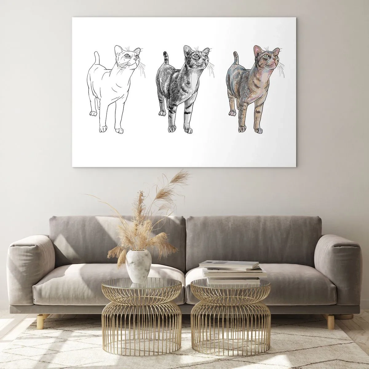 Glasbild - Bild auf glas - Die Entwicklung einer Katze von der Skizze zur Farbillustration - 70x50cm - Zeichenunterricht - Moderne Wanddekoration für Wohnzimmer und Schlafzimmer ARTTOR
