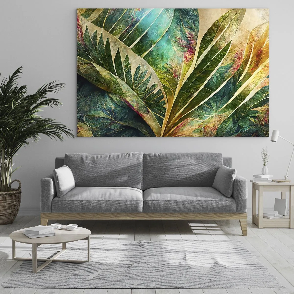 Glasbild - Bild auf glas - Bunte Blätter mit tropischem Flair - 70x50cm - Farben der Tropen - Moderne Wanddekoration für Wohnzimmer und Schlafzimmer ARTTOR
