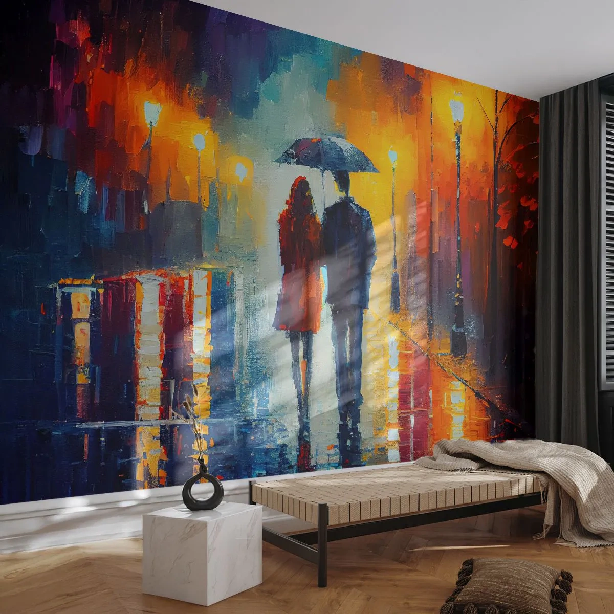 Fototapete Premium Sand - Ein Paar unter einem Regenschirm, das nachts im Licht einer Straßenlaterne spazieren geht - 100x70cm - Gemeinsam – eine bunte Nacht - Moderne Wanddekoration für Wohnzimmer und Schlafzimmer ARTTOR