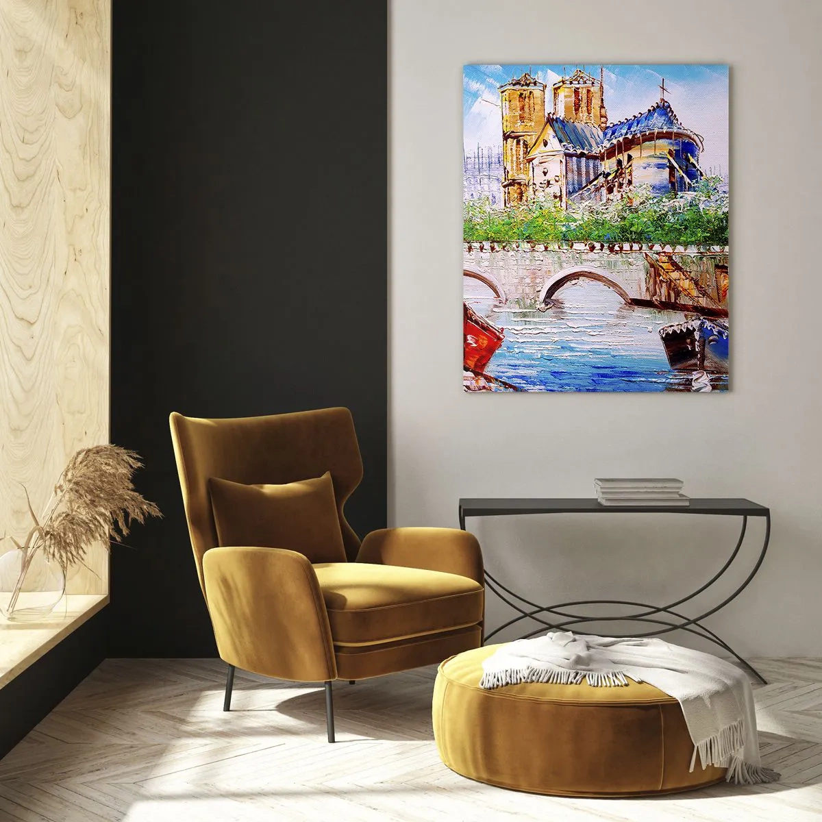 Glasbild - Bild auf glas - Brücke und Boote vor der Kulisse der historischen Kathedrale - 50x70cm - Ihre Zeit vergeht nie - Moderne Wanddekoration für Wohnzimmer und Schlafzimmer ARTTOR