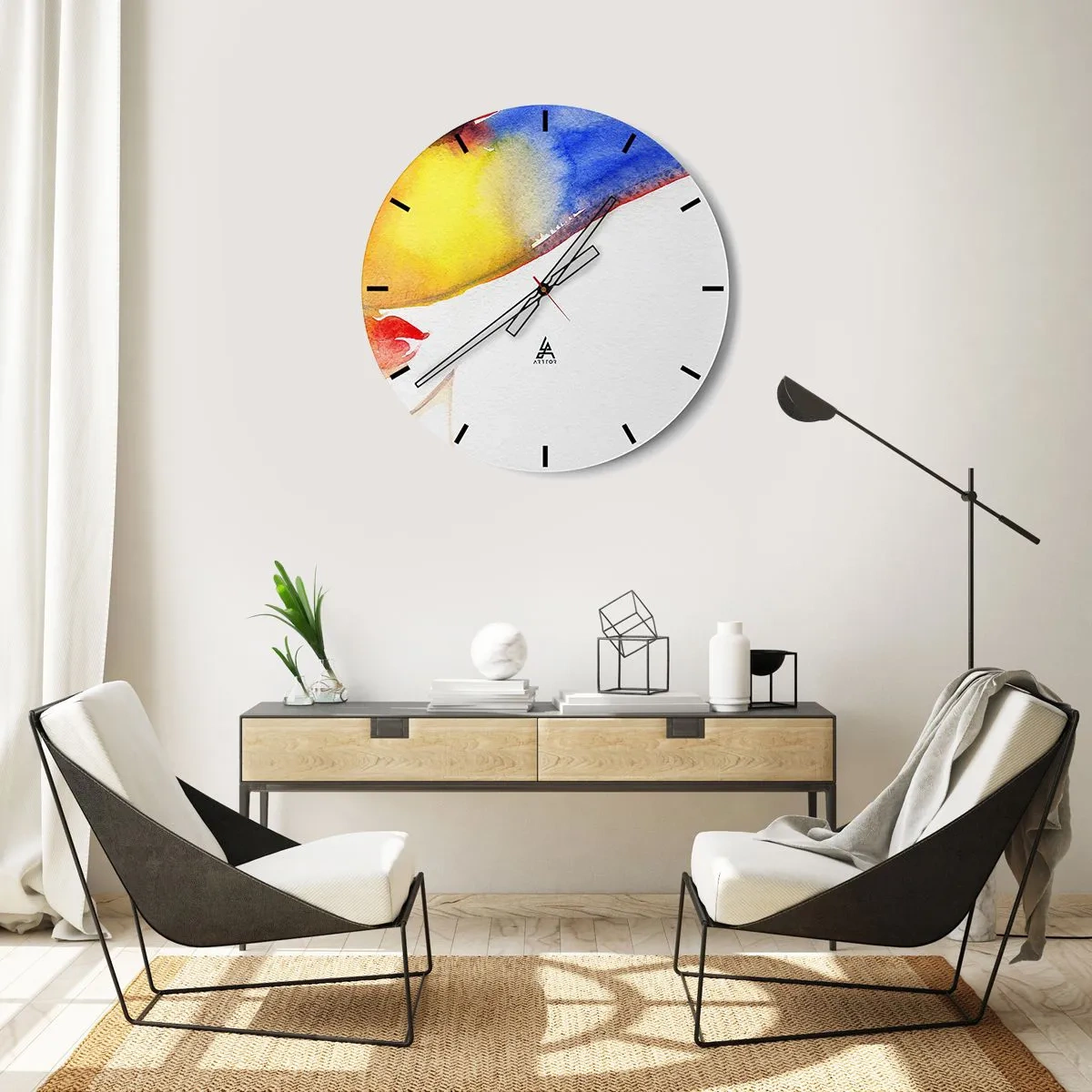 Wanduhr - Glasuhr - Abstraktes Porträt mit Aquarellspritzern - 30x30cm - Bildnis einer Dame - Moderne Wanddekoration für Wohnzimmer, Küche und Schlafzimmer ARTTOR