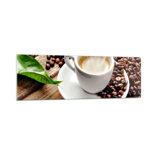Glasbild - Bild auf glas - Eine Tasse aromatischen Kaffee vor dem Hintergrund von Bohnen und einem Blatt - 160x50cm - Kaffee auf der Bank - Moderne Wanddekoration für Wohnzimmer und Schlafzimmer ARTTOR