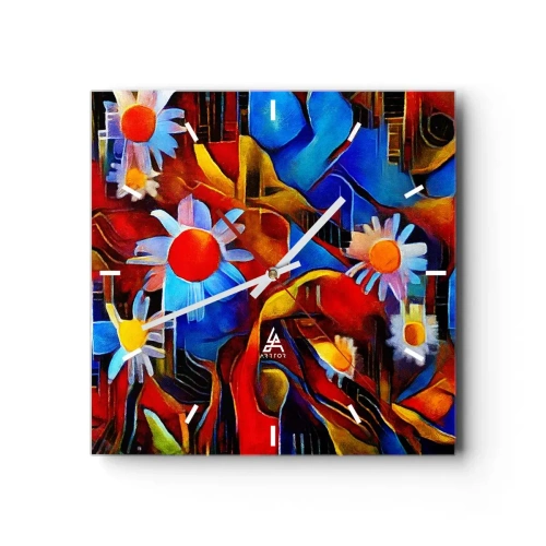 Wanduhr - Glasuhr - Abstrakte Blumen vor einem Hintergrund aus geometrischen Mustern - 30x30cm - Die Farben des Lebens - Moderne Wanddekoration für Wohnzimmer und Schlafzimmer ARTTOR
