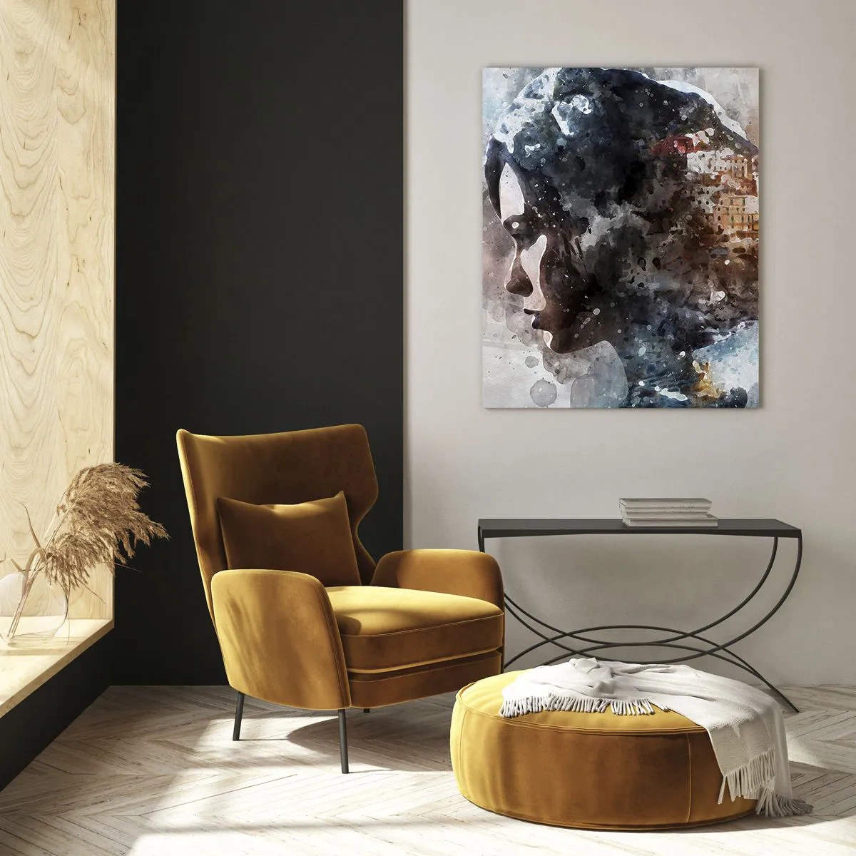 Glasbild - Bild auf glas - Ein Profil einer Frau im Aquarellstil mit einer Stadt im Hintergrund. - 50x70cm - Eine Geschichte über ein Mädchen mit einer Stadt im Hintergrund - Moderne Wanddekoration für Wohnzimmer und Schlafzimmer ARTTOR