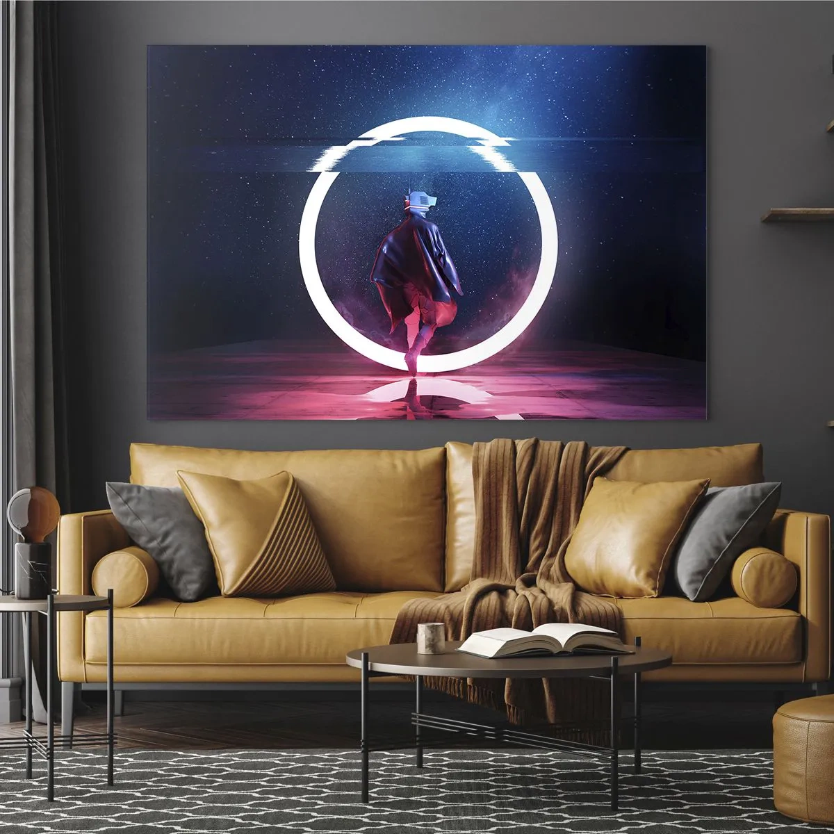 Glasbild - Bild auf glas - Eine Figur in futuristischem Setting mit Neonring - 70x50cm - Zwischen den Welten - Moderne Wanddekoration für Wohnzimmer und Schlafzimmer ARTTOR
