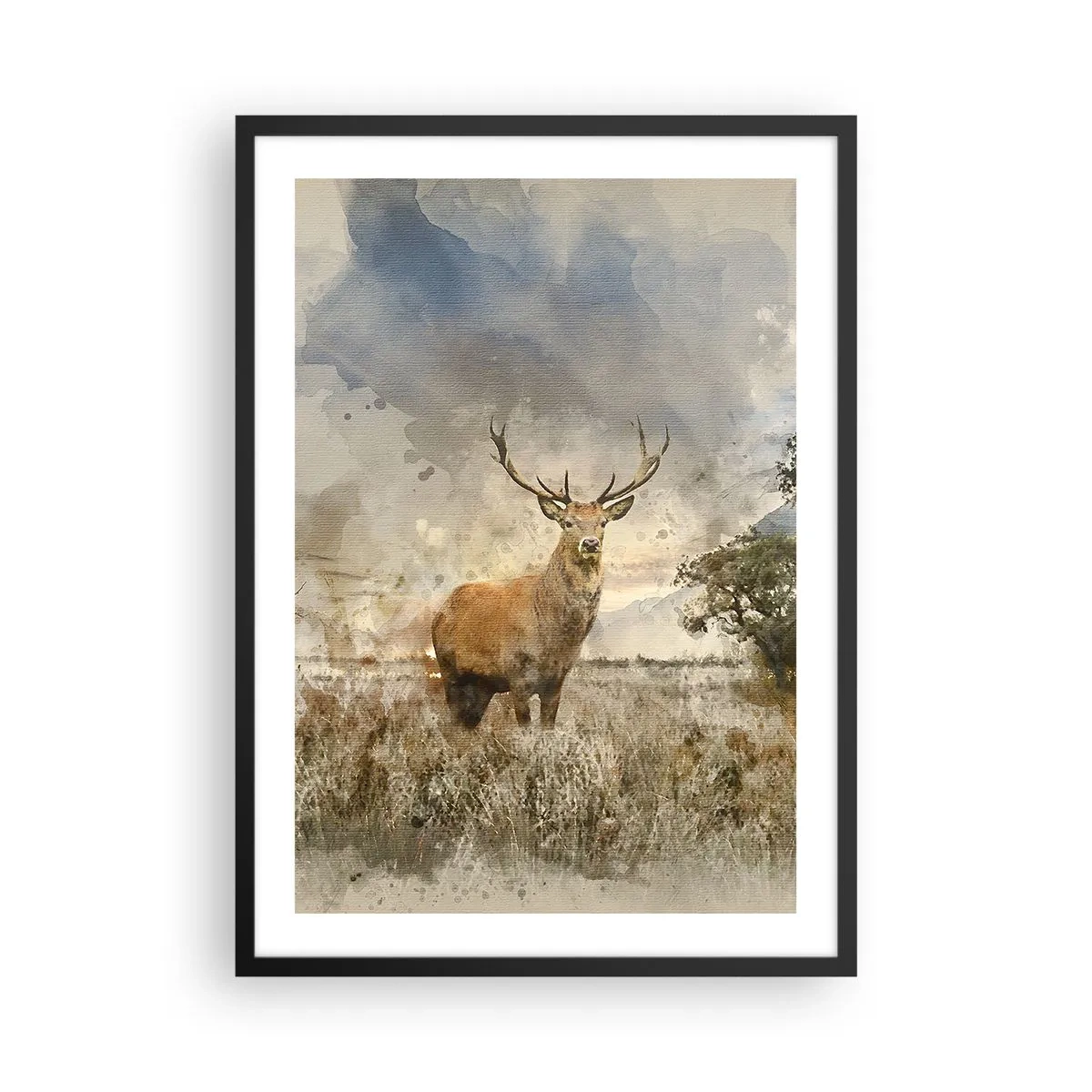 Poster in einem schwarzem Rahmen - Hirsch vor natürlichem Hintergrund im malerischen Stil - 50x70cm - Würde – Stärke – Würde - Moderne Wanddekoration für Wohnzimmer und Schlafzimmer ARTTOR