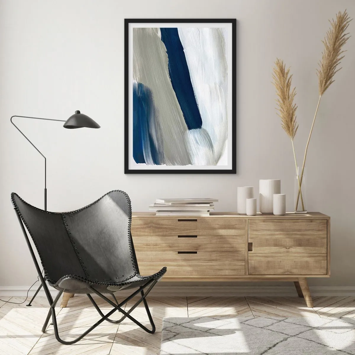 Poster in einem schwarzem Rahmen - Abstrakte Pinselstriche in Marineblautönen - 50x70cm - Begegnung mit dem Weißsein - Moderne Wanddekoration für Wohnzimmer und Schlafzimmer ARTTOR