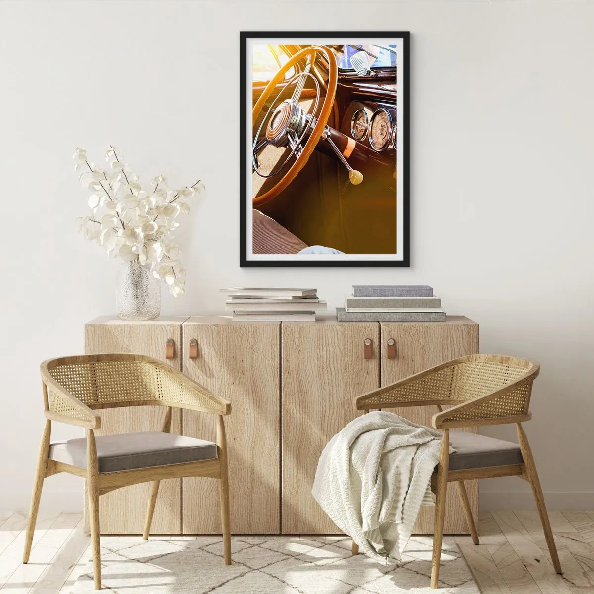 Poster in einem schwarzem Rahmen - Innenraum eines Oldtimers mit Lenkrad - 50x70cm - Ein Hauch von Luxus aus der Vergangenheit - Moderne Wanddekoration für Wohnzimmer und Schlafzimmer ARTTOR