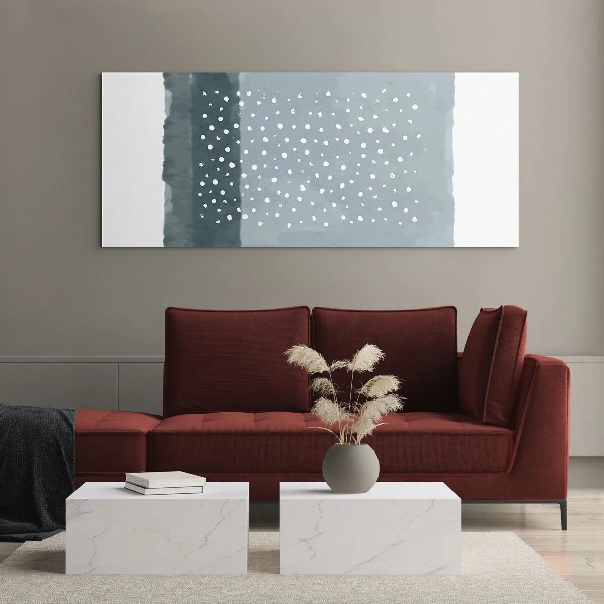 Glasbild - Bild auf glas - Ein minimalistisches Gemälde in Blautönen mit Punkten - 120x50cm - Auf Blau gewachsen - Moderne Wanddekoration für Wohnzimmer und Schlafzimmer ARTTOR