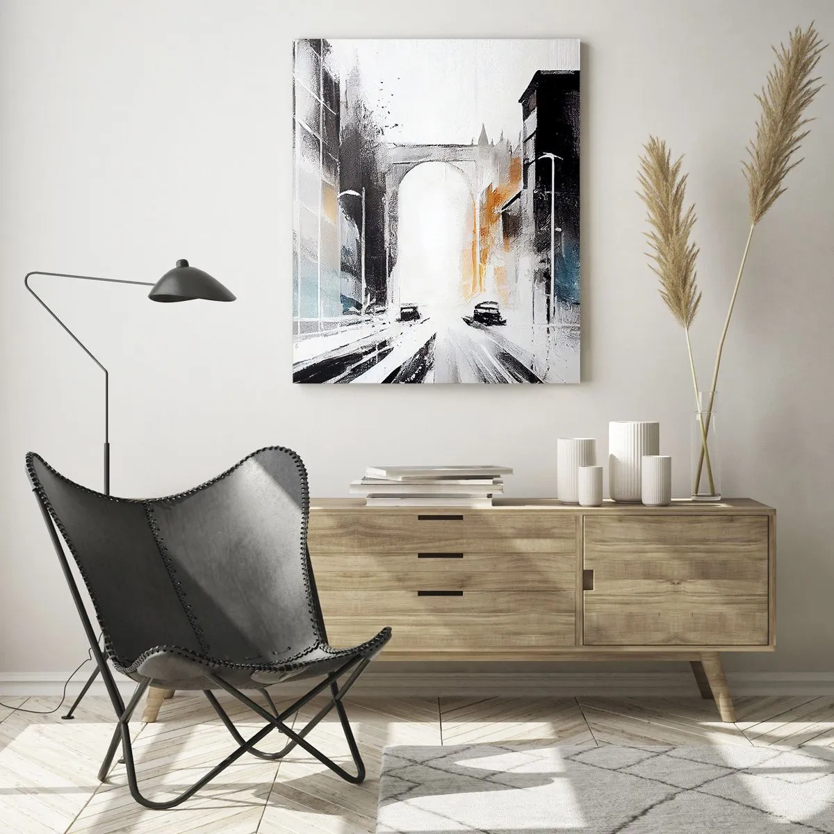 Glasbild - Bild auf glas - Eine dynamische Stadtstraße mit Autos und einem Bogen im Hintergrund im malerischen Stil. - 50x70cm - Stadtstudie: Architektur und Bewegung - Moderne Wanddekoration für Wohnzimmer und Schlafzimmer ARTTOR
