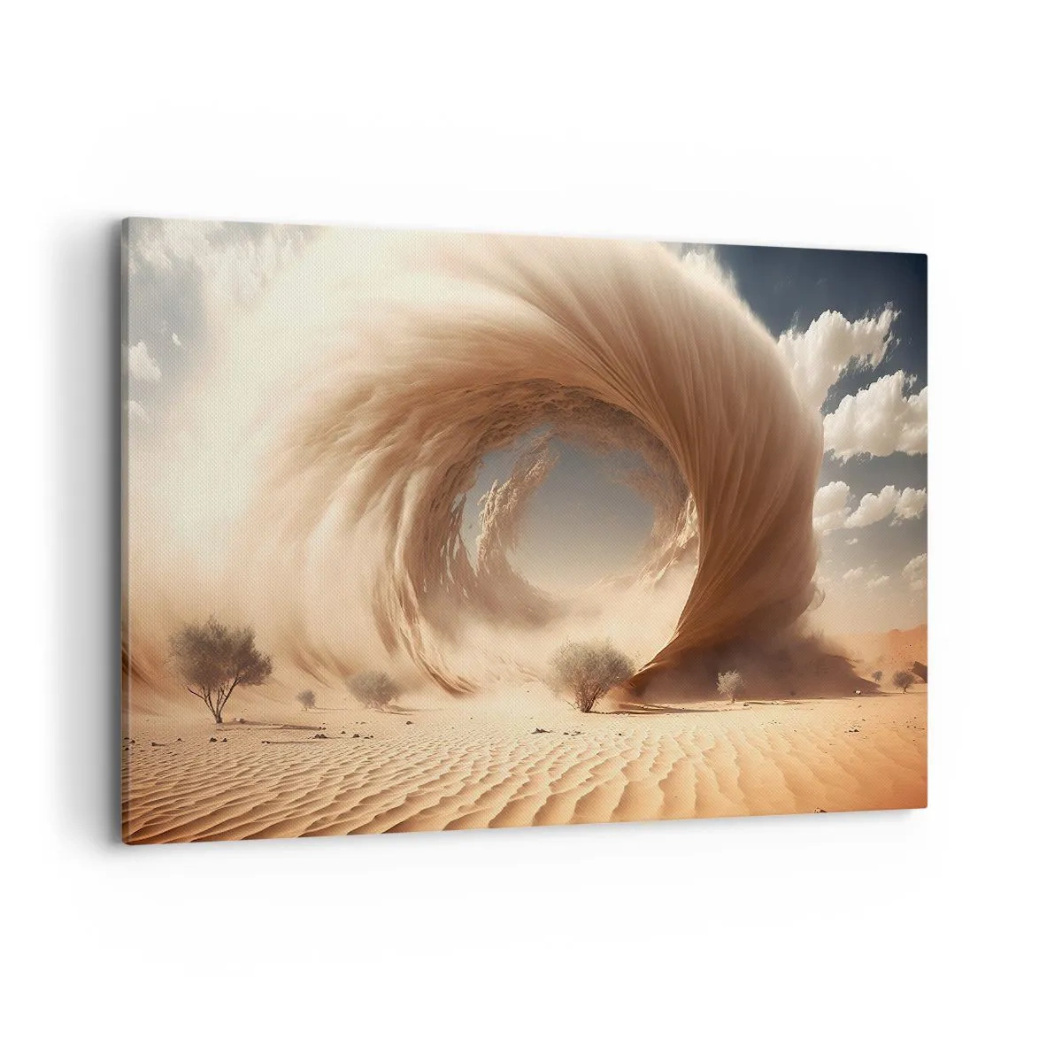 Bild auf Leinwand - Leinwandbild - Dynamischer Sandwirbel in einer Wüste mit Bäumen - 120x80cm - Geöffnetes Portal - Moderne Wanddekoration für Wohnzimmer und Schlafzimmer ARTTOR