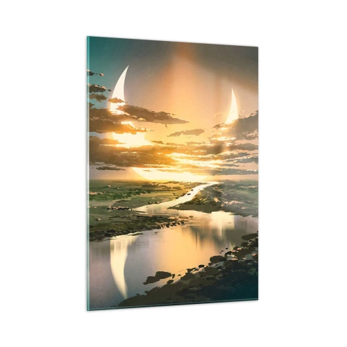 Glasbild - Bild auf glas - Eine fantastische Landschaft mit einem Doppelmond über dem Fluss - 50x70cm - Irgendwo in einer weit, weit entfernten Galaxie - Moderne Wanddekoration für Wohnzimmer und Schlafzimmer ARTTOR