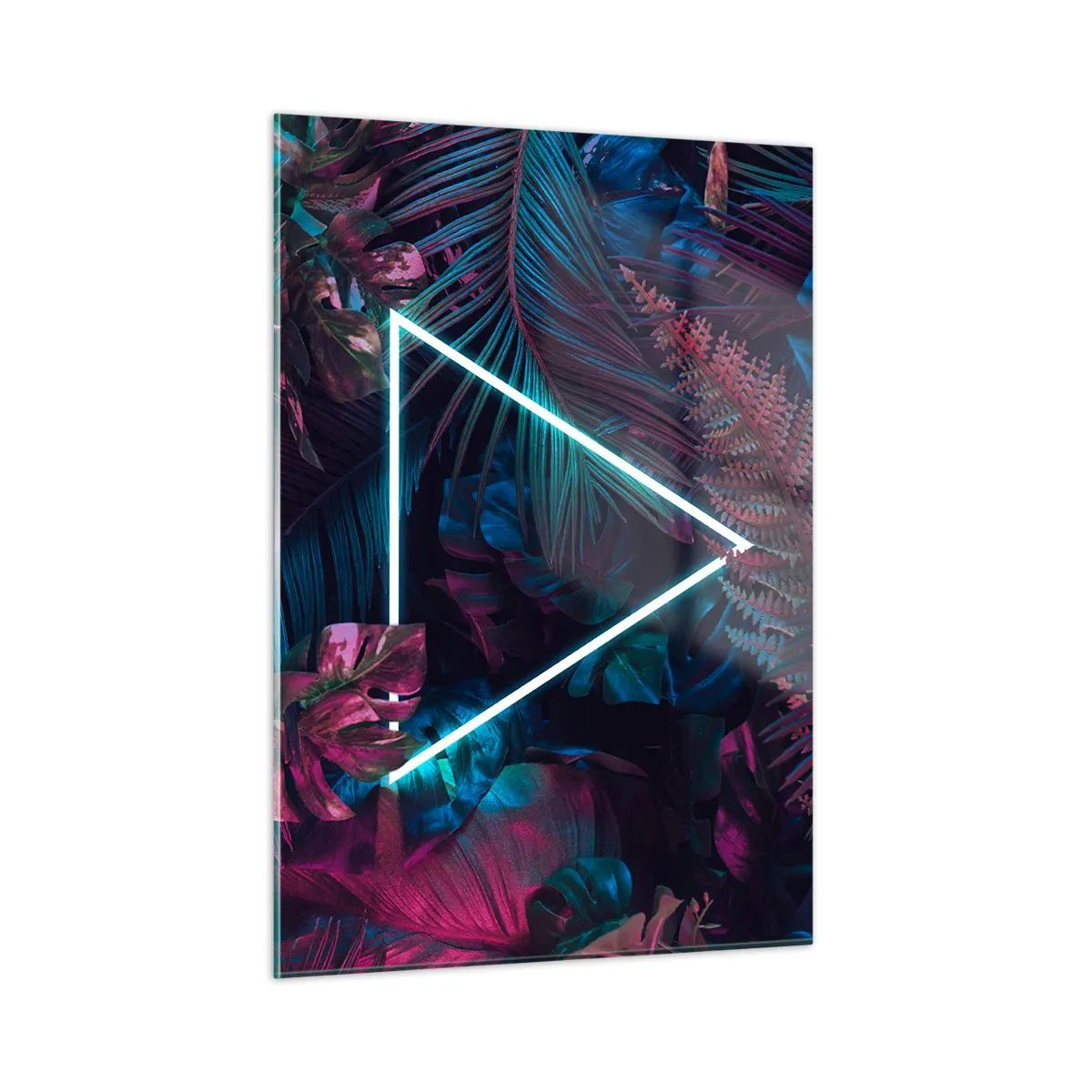 Glasbild - Bild auf glas - Ein Neondreieck, umgeben von tropischen Pflanzen in Rosa- und Blautönen. - 50x70cm - Garten im Disco-Stil - Moderne Wanddekoration für Wohnzimmer und Schlafzimmer ARTTOR