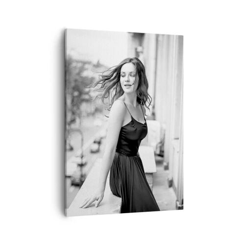 Bild auf Leinwand - Leinwandbild - Schwarz-Weiß-Foto einer Frau auf einem Balkon - 50x70cm - Bestimmt ein Pariser - Moderne Wanddekoration für Wohnzimmer und Schlafzimmer ARTTOR