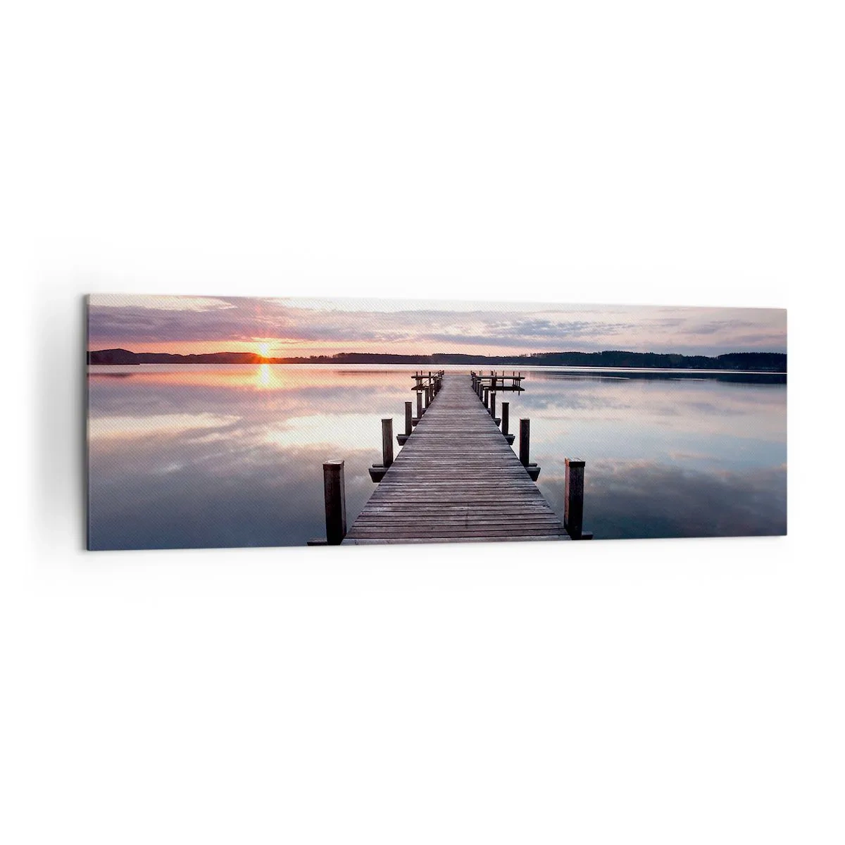 Bild auf Leinwand - Leinwandbild - Ein Pier an einem See bei Sonnenuntergang in einer friedlichen Landschaft - 160x50cm - Eine stille Grenze zwischen Tag und Nacht - Moderne Wanddekoration für Wohnzimmer und Schlafzimmer ARTTOR
