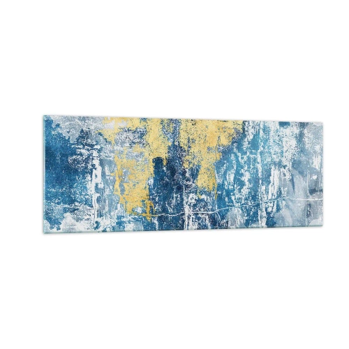 Glasbild - Bild auf glas - Abstraktion in Blau- und Gelbtönen - 140x50cm - Abstraktion voller Wetter - Moderne Wanddekoration für Wohnzimmer und Schlafzimmer ARTTOR